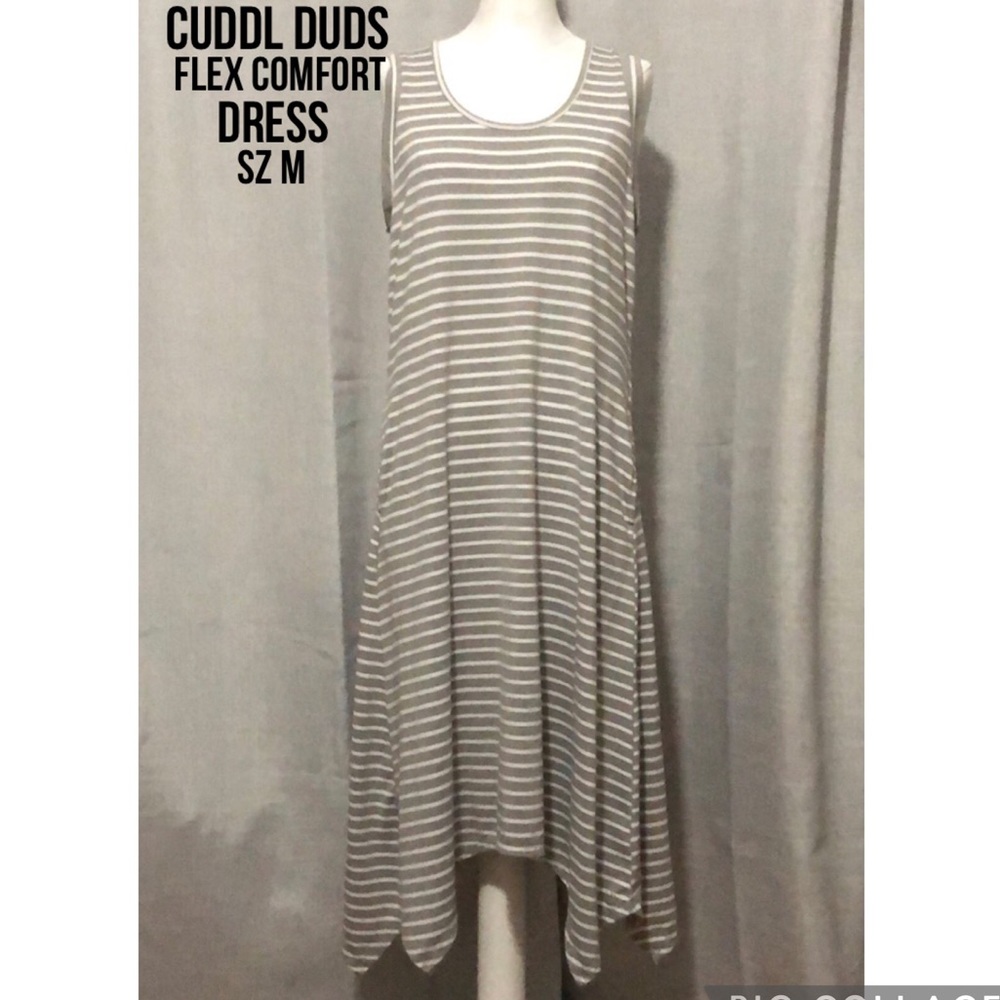 Cuddl Duds Flex Comfort Tank Dress-M-Sleeveless-Uneven Hem-Gray/White Stripe-EUC